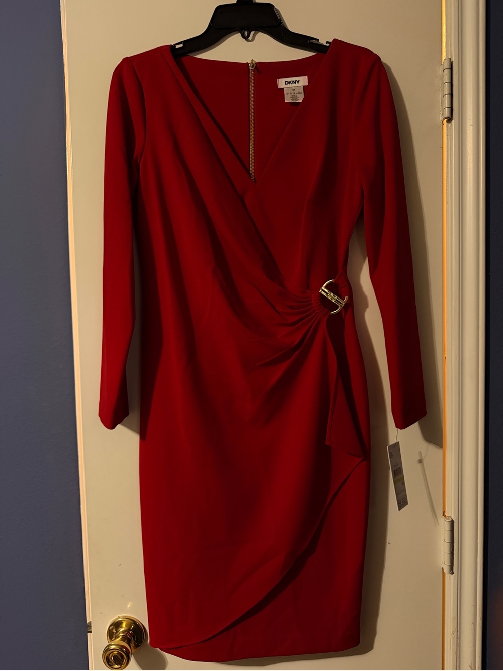 DKNY Red Long-Sleeve Wrap Sheath Dress with Side Buckle